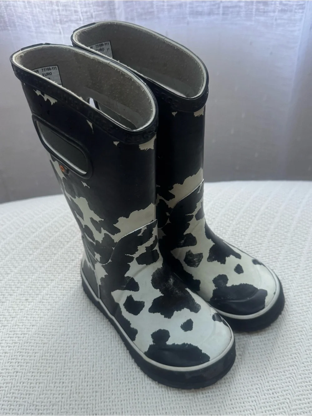 Bogs Kids Sz 12 Black and White Cow Print Rain Boots